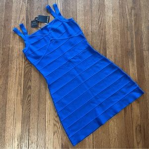 Cyrus Knit Bodycon Cobalt Blue Mini Dress Double Straps Size Large